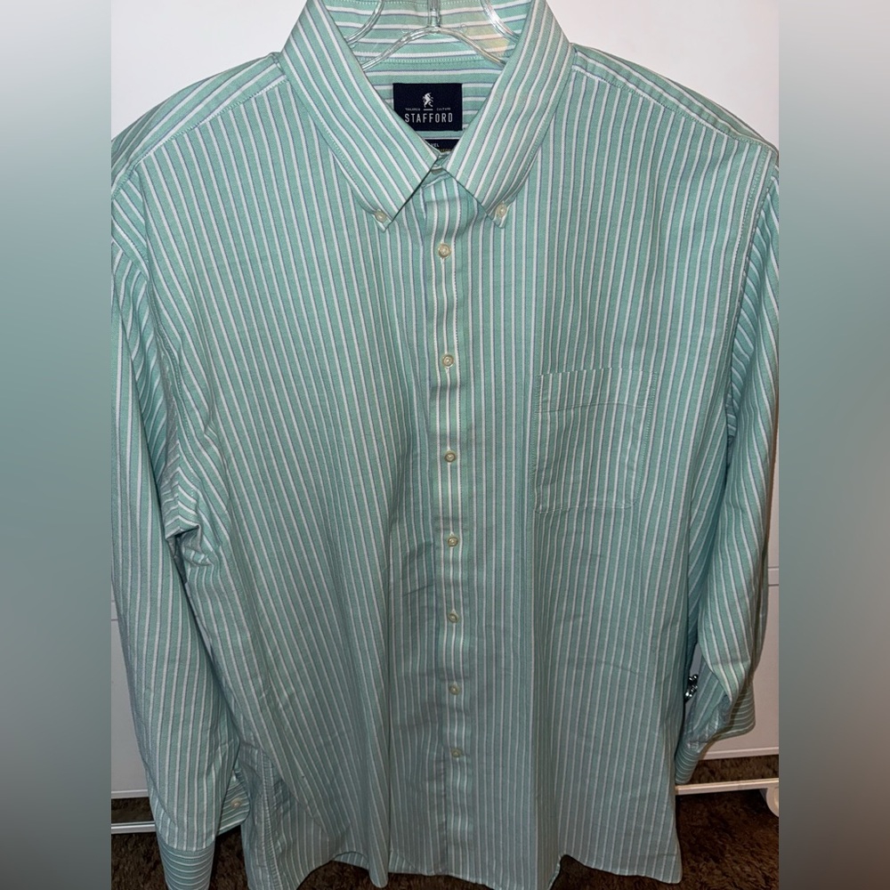 Stafford New Men's Green & White/Navy Striped Oxford Shirt Wrinkle-Free 17.5